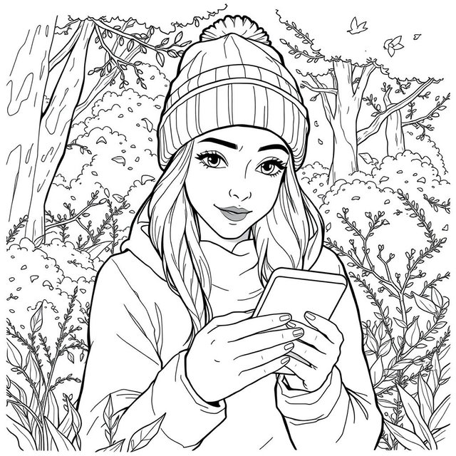 A black and white line drawing storyboard scene featuring a woman wearing a beanie, surrounded by nature