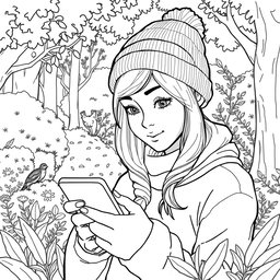 A black and white line drawing storyboard scene featuring a woman wearing a beanie, surrounded by nature