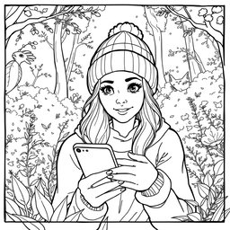 A black and white line drawing storyboard scene featuring a woman wearing a beanie, surrounded by nature