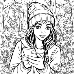 A black and white line drawing storyboard scene featuring a woman wearing a beanie, surrounded by nature