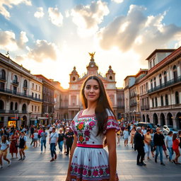 A beautiful woman standing in the Zócalo of Mexico City, surrounded by historic buildings and vibrant street life