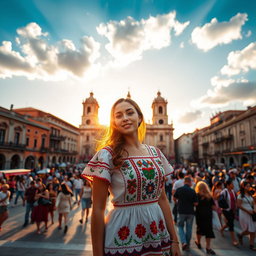 A beautiful woman standing in the Zócalo of Mexico City, surrounded by historic buildings and vibrant street life