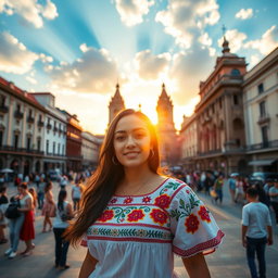 A beautiful woman standing in the Zócalo of Mexico City, surrounded by historic buildings and vibrant street life