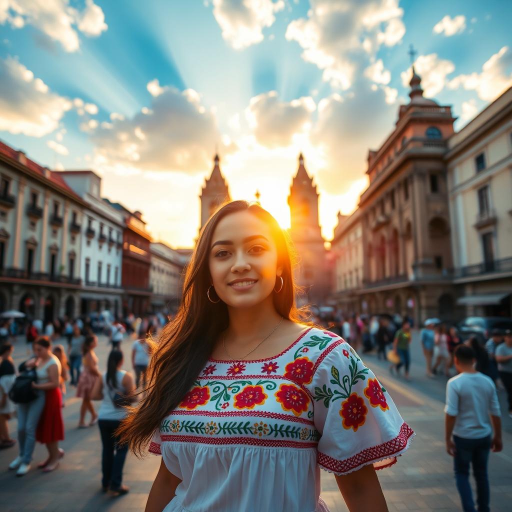 A beautiful woman standing in the Zócalo of Mexico City, surrounded by historic buildings and vibrant street life