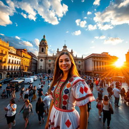 A beautiful woman standing in the Zócalo of Mexico City, surrounded by historic buildings and vibrant street life