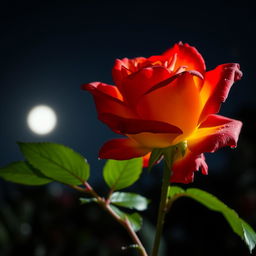 A beautiful red and yellow rose blooming at night, illuminated by a soft moonlight glow, with dewdrops glistening on its petals