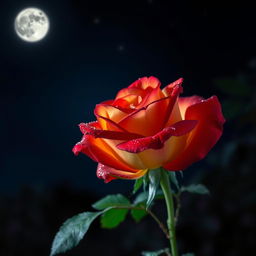A beautiful red and yellow rose blooming at night, illuminated by a soft moonlight glow, with dewdrops glistening on its petals
