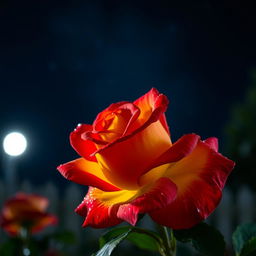 A beautiful red and yellow rose blooming at night, illuminated by a soft moonlight glow, with dewdrops glistening on its petals