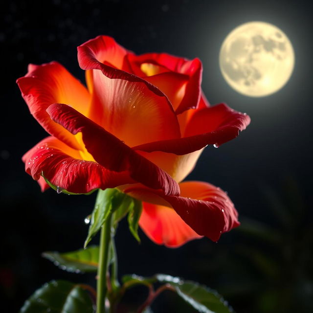 A beautiful red and yellow rose blooming at night, illuminated by a soft moonlight glow, with dewdrops glistening on its petals