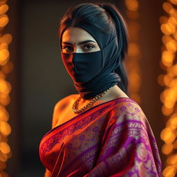 A sexy Indian girl wearing a stunning saree that showcases vibrant colors and intricate patterns that emphasize her allure