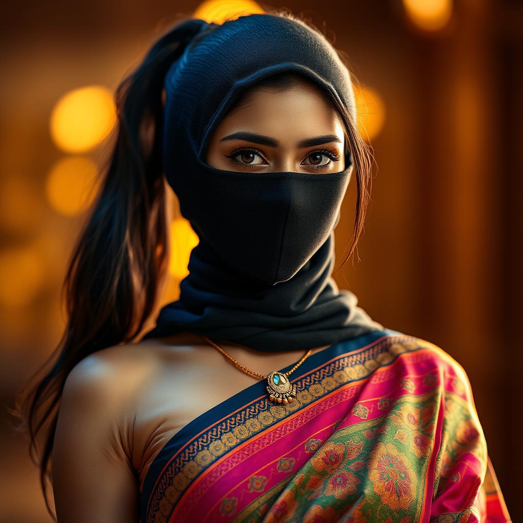A sexy Indian girl wearing a stunning saree that showcases vibrant colors and intricate patterns that emphasize her allure