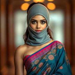 A sexy Indian girl wearing a stunning saree that showcases vibrant colors and intricate patterns that emphasize her allure