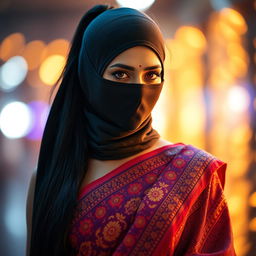 A sexy Indian girl wearing a stunning saree that showcases vibrant colors and intricate patterns that emphasize her allure