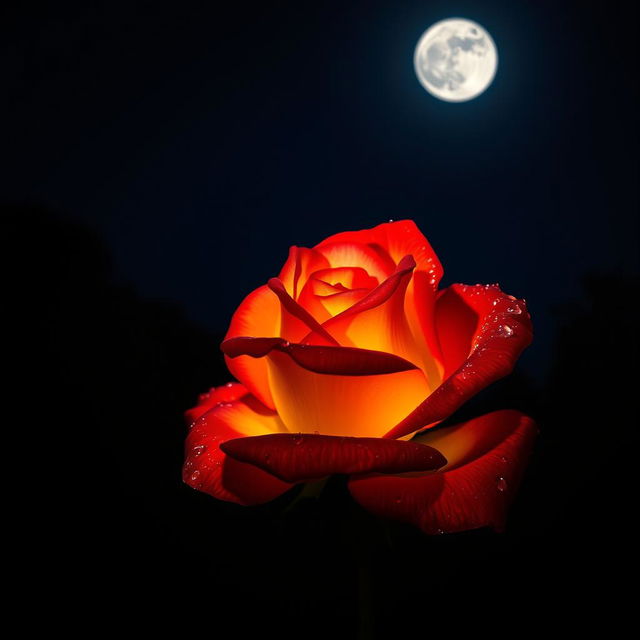A beautiful red and yellow rose blooming in the night, illuminated by the soft glow of the moonlight