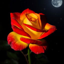 A beautiful red and yellow rose blooming in the night, illuminated by the soft glow of the moonlight