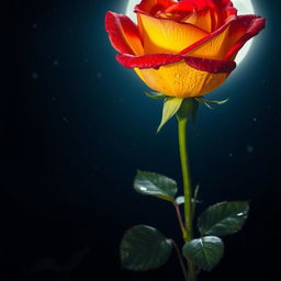 A beautiful red and yellow rose blooming in the night, illuminated by the soft glow of the moonlight