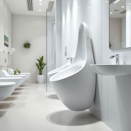 A modern and innovative women's urinal design placed in a clean, contemporary restroom