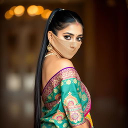 A sexy Indian woman wearing a colorful saree, featuring intricate patterns and embellishments