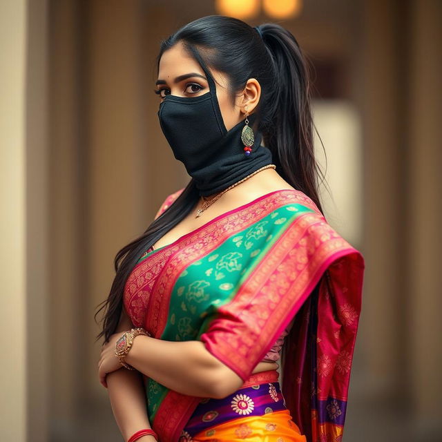 A sexy Indian woman wearing a colorful saree, featuring intricate patterns and embellishments