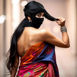 A sexy Indian woman wearing a colorful saree, featuring intricate patterns and embellishments