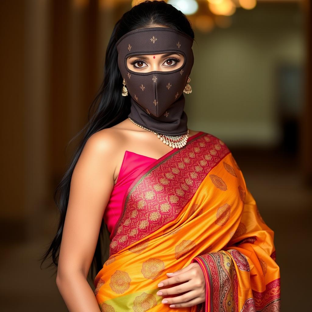 A sexy Indian woman wearing a colorful saree, featuring intricate patterns and embellishments