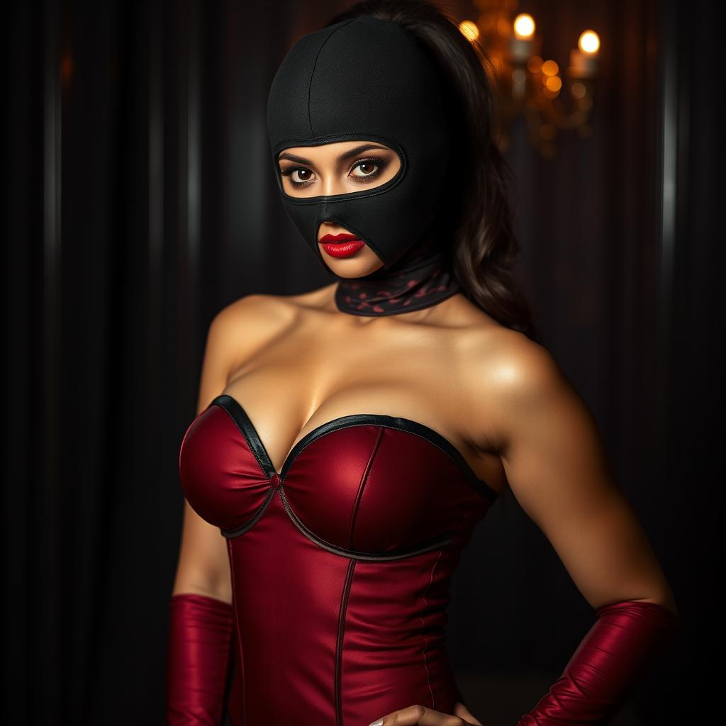 A sexy Indian girl dressed in a seductive mistress outfit, wearing a balaclava, with her hair styled in a ponytail