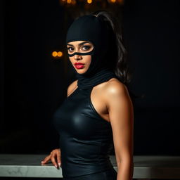 A sexy Indian girl dressed in a seductive mistress outfit, wearing a balaclava, with her hair styled in a ponytail