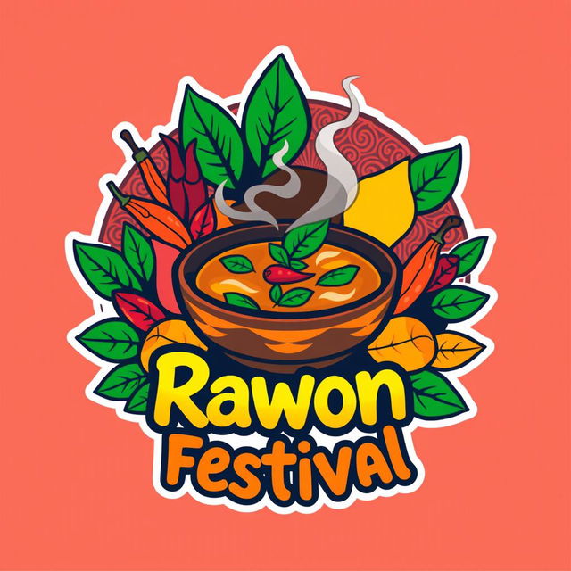 A vibrant and colorful logo design for the Rawon Festival, featuring traditional Indonesian elements