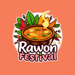 A vibrant and colorful logo design for the Rawon Festival, featuring traditional Indonesian elements