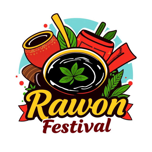A vibrant and colorful logo design for the Rawon Festival, featuring elements that represent Indonesian culture and the signature dish, Rawon