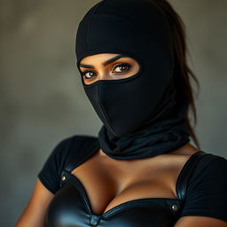 A sexy Indian girl dressed in a form-fitting mistress outfit, complete with stylish leather details
