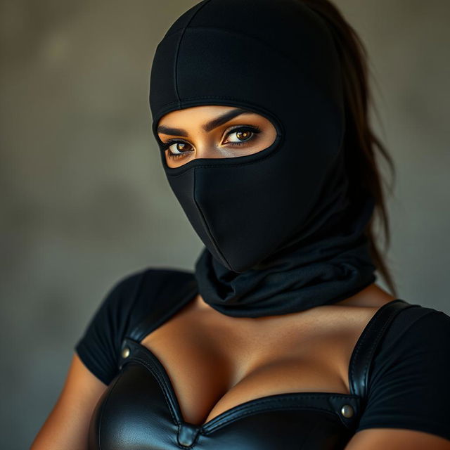 A sexy Indian girl dressed in a form-fitting mistress outfit, complete with stylish leather details