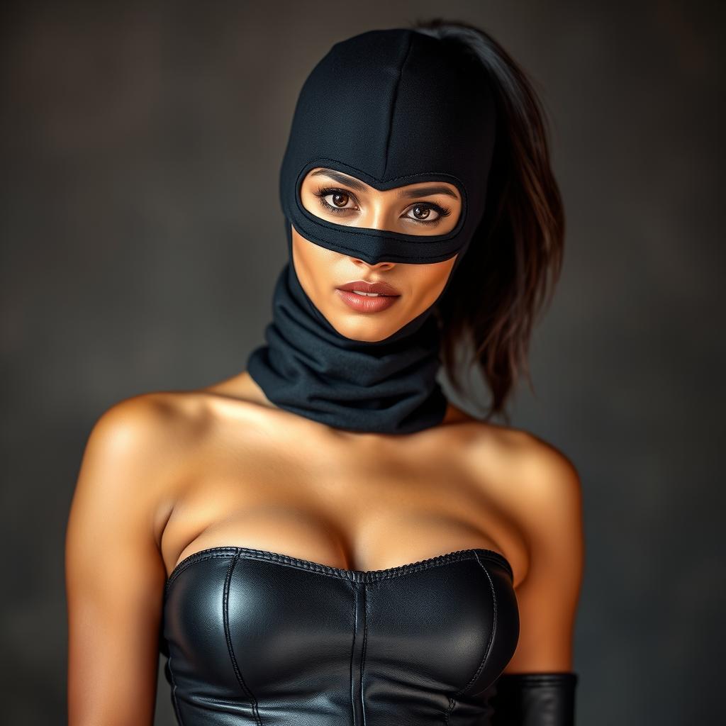 A sexy Indian girl dressed in a form-fitting mistress outfit, complete with stylish leather details