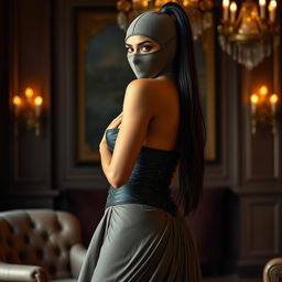 A sexy hot Indian woman dressed in a stylish mistress outfit, featuring a tight corset and a flowing skirt