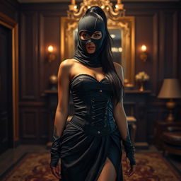 A sexy hot Indian woman dressed in a stylish mistress outfit, featuring a tight corset and a flowing skirt
