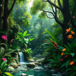 A breathtaking real jungle scene showcasing lush, dense foliage with a variety of vibrant green plants, towering trees with thick trunks, and intertwined vines