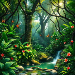 A breathtaking real jungle scene showcasing lush, dense foliage with a variety of vibrant green plants, towering trees with thick trunks, and intertwined vines