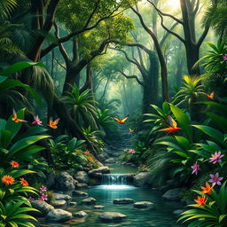 A breathtaking real jungle scene showcasing lush, dense foliage with a variety of vibrant green plants, towering trees with thick trunks, and intertwined vines