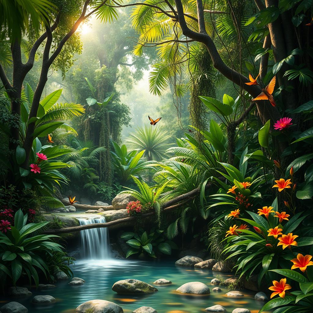 A breathtaking real jungle scene showcasing lush, dense foliage with a variety of vibrant green plants, towering trees with thick trunks, and intertwined vines