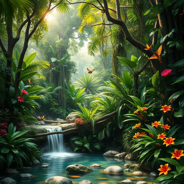 A breathtaking real jungle scene showcasing lush, dense foliage with a variety of vibrant green plants, towering trees with thick trunks, and intertwined vines