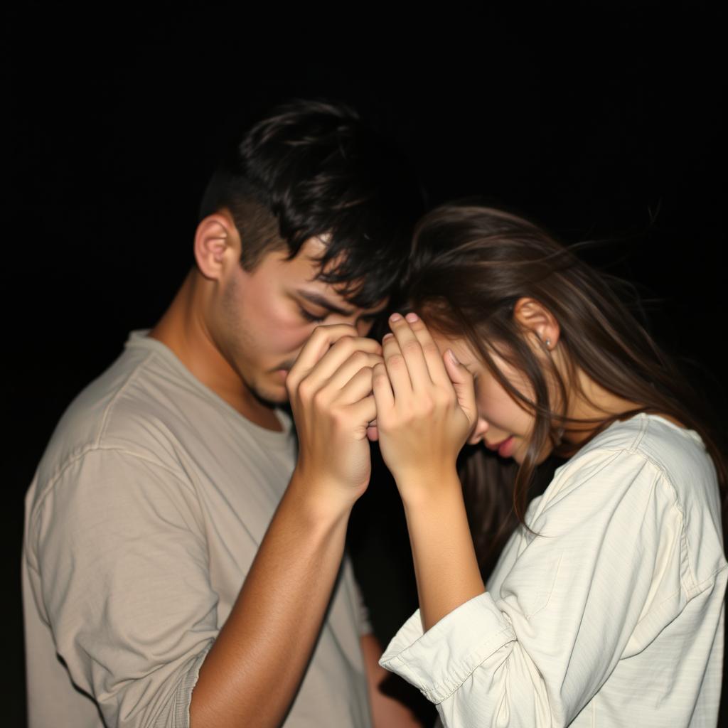 A sad couple holding hands with their heads bent down, conveying deep emotion and connection