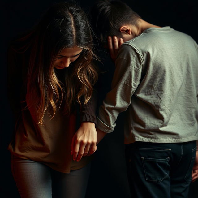 A sad couple holding hands with their heads bent down, conveying deep emotion and connection