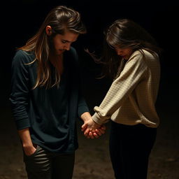 A sad couple holding hands with their heads bent down, conveying deep emotion and connection