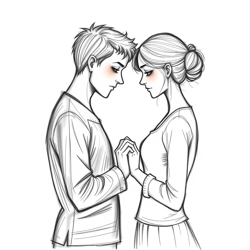 A poignant drawing of a sad couple facing each other, their hands gently clasped, embodying a profound emotional connection