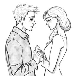 A poignant drawing of a sad couple facing each other, their hands gently clasped, embodying a profound emotional connection
