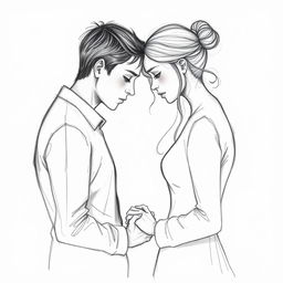 A poignant drawing of a sad couple facing each other, their hands gently clasped, embodying a profound emotional connection