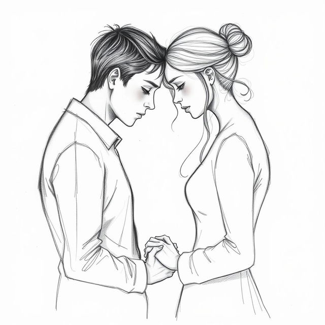 A poignant drawing of a sad couple facing each other, their hands gently clasped, embodying a profound emotional connection