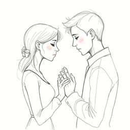 A poignant drawing of a sad couple facing each other, their hands gently clasped, embodying a profound emotional connection