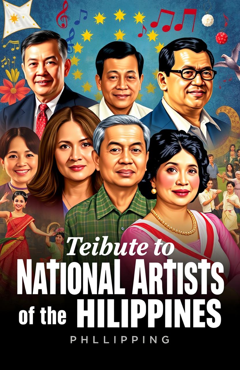 A vibrant and colorful poster celebrating the National Artists of the Philippines, featuring portraits of famous artists such as Fernando Amorsolo, Carlos Francisco, and Nick Joaquin