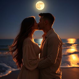 A romantic scene featuring a couple sharing a tender kiss under a moonlit sky